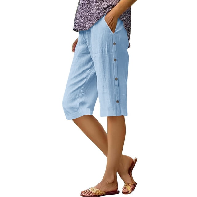 BLVB Linen Shorts for Women High Waisted Lightweight Bermuda Shorts Side Button Short Beach Vacation Outfits Pockets
