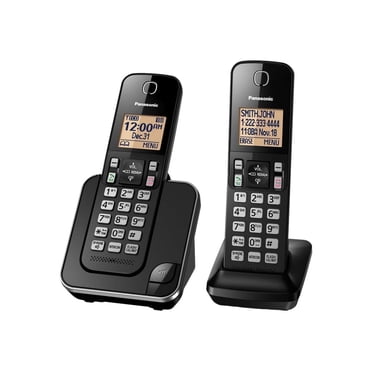 PANASONIC Système de Téléphone Sans Fil Extensible avec Écran Rétroéclairé Ambre et Bloc d'Appels – 2 Combinés – KX-TGC352B (Noir)