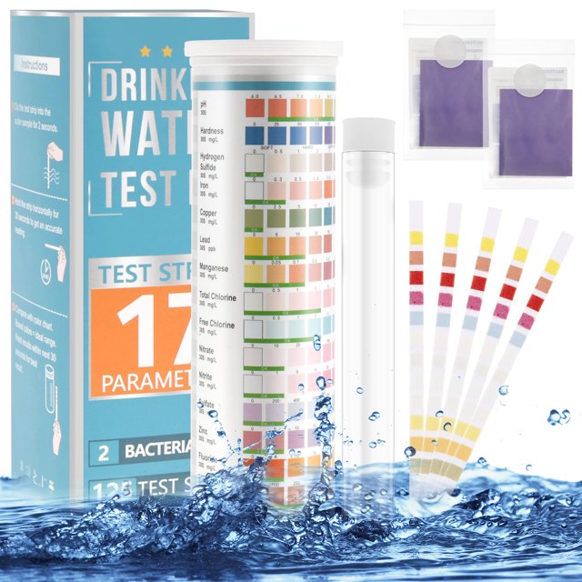 17 In 1 Water Testing Kits for Drinking Water with 125 test strips and a color chart for measuring pH, lead, chlorine, hardness, and other parameters. Includes a transparent test tube and packaging with instructions. Ideal for home diagnostic tests of tap water, well water, pools, aquariums, and spas.