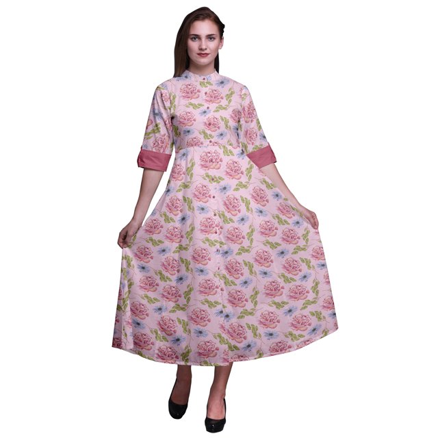 Bimba Robe Chemise Décontractée à Imprimé Floral pour Femme, Robe Évasée Mi-Mollet de Fête - Moyen