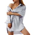 thumbnail image 4 of Chemise de Nuit en Satin pour Femme, Boutonnée, Col en V, Robe de Sommeil, Bleu, G, 4 of 7