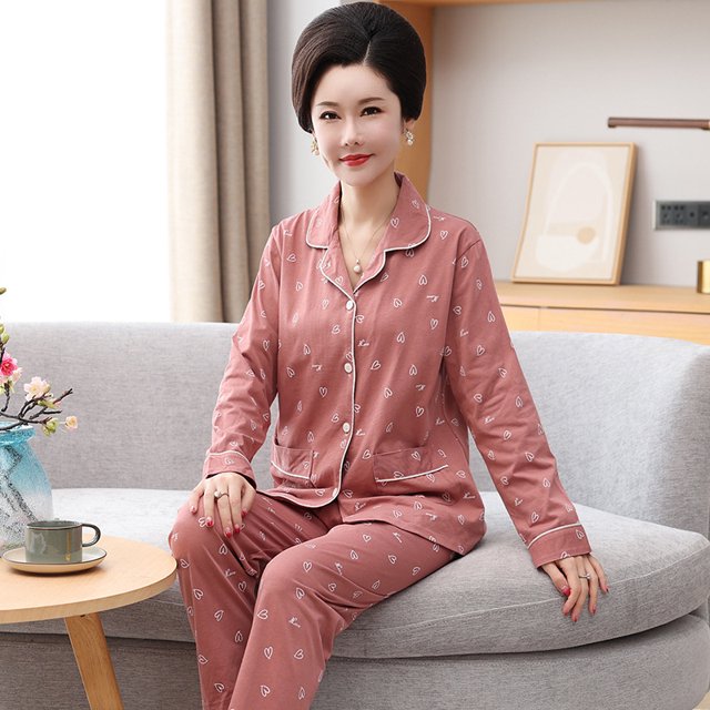 REDHOTYPE Femmes Matures Mode Imprimé Pyjama pour Dames Manches Longues Pantalon Long Coton Grande Taille Col Rond Tenue de Détente Ensemble Deux Pièces