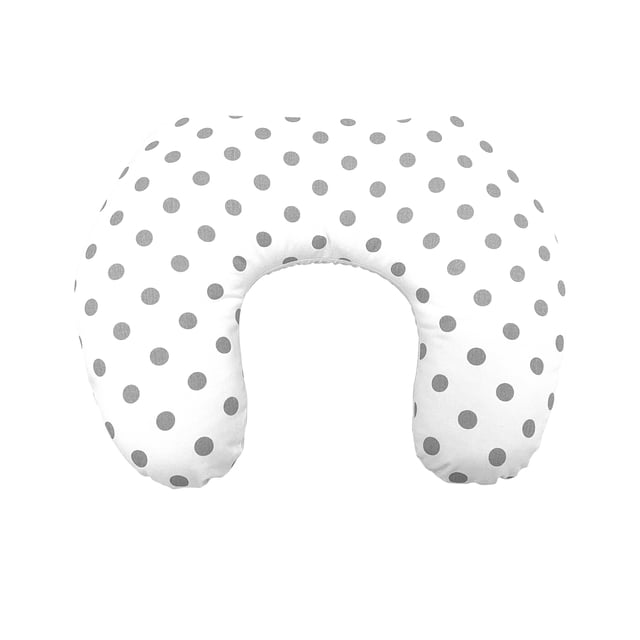 Ergonomic white nursing pillow with a grey polka dot pattern, featuring a U-shaped design for comfortable feeding. The pillow measures approximately 22 x 19 x 6 inches and includes a white backing. Suitable for nursing, bottle feeding, and tummy time support. Not intended for sleeping.