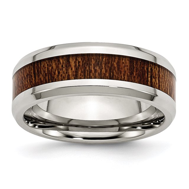 Stainless Steel Polished Brown Wood Inlay Enameled 8.00mm Ring 9.5 Size