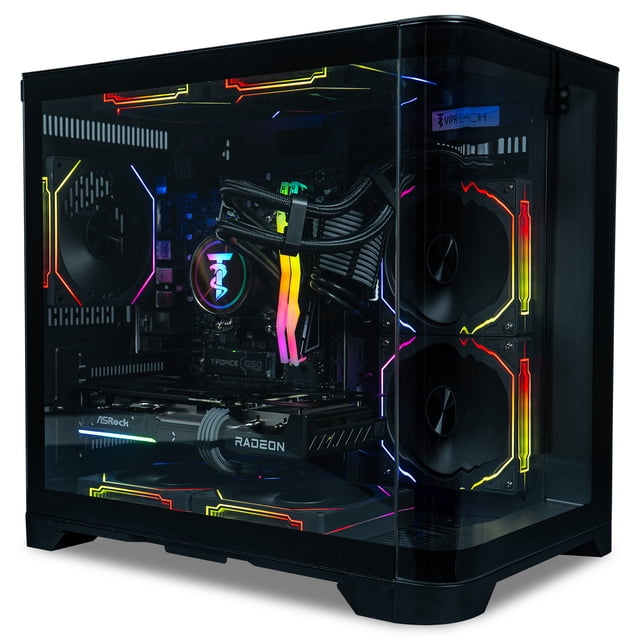ViprTech Reaper 2.5 Liquid-Cooled PC - Ryzen 7 8700F 5GHz, AMD RX 9060XT 16GB, 16GB DDR5, 1TB SSD, Onyx Black front-facing tower in H60 Onyx Black case with RGB 240mm liquid cooler visible through tempered side panel, AM5 motherboard layout and 1TB M.2 SSD; often used as a high-performance content-creation workstation.