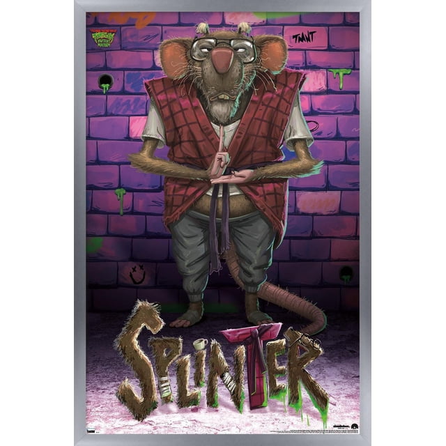 Teenage Mutant Ninja Turtles: Mutant Mayhem - Splinter Wall Poster featuring a centered, front-facing illustration of Splinter, a humanoid rat wearing glasses, a red checkered vest over a white shirt, and gray pants, standing against a purple brick wall with graffiti and green slime drips, with the furry textured word 'Splinter' at the bottom, suitable as wall art or room decor for bedrooms, offices, or dorms.