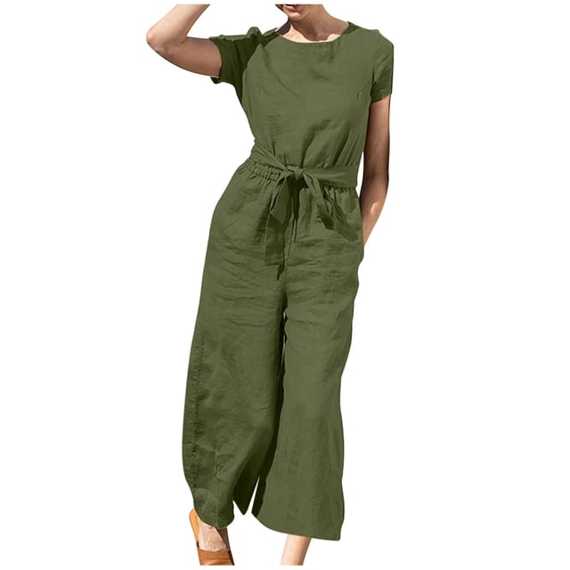 Yuyuzo Women Cotton Linen Jumpsuits Summer One-Piece Outfits Short Sleeve Wide Leg Long Pants Rompers