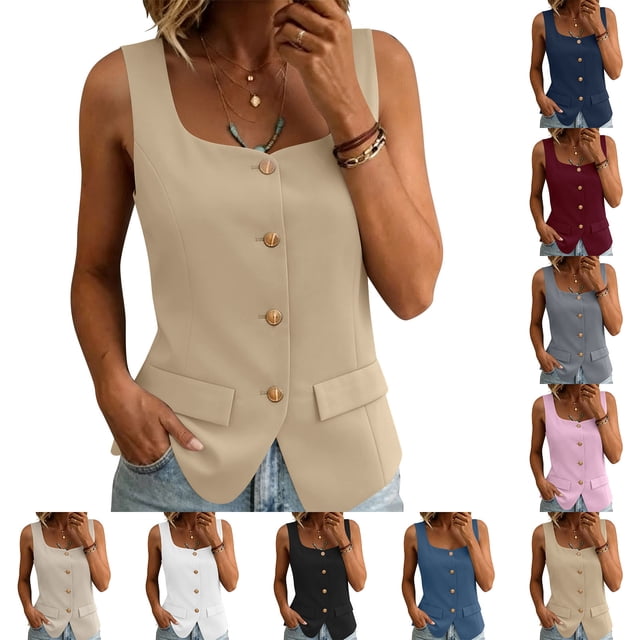 Craaazy Sleeveless Tops for Women Relaxed Fit Solid Color Square Neck Button Down Blazer Vests with Pockets for Daily Wear