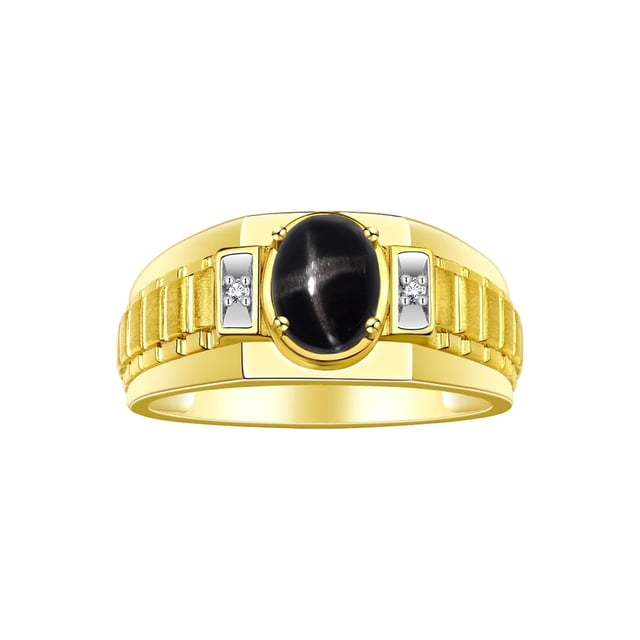 RYLOS Men's Rings 14K Yellow Gold Ring Classic Designer Style 8X6MM Oval Gemstone & Diamond Ring Black Star Sapphire Birthstone Rings For Men Size 9