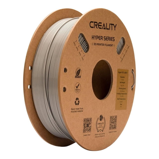Creality Hyper Series PETG 3D Printing Filament 1kg in grey, shown as a side view of a spool with tightly wound grey filament on a recycled cardboard reel, featuring printed specifications including diameter, net weight, printing speed, and temperature, certified RoHS and REACH compliant, waterproof and chemically resistant, suitable for durable 3D printing and outdoor prototypes.