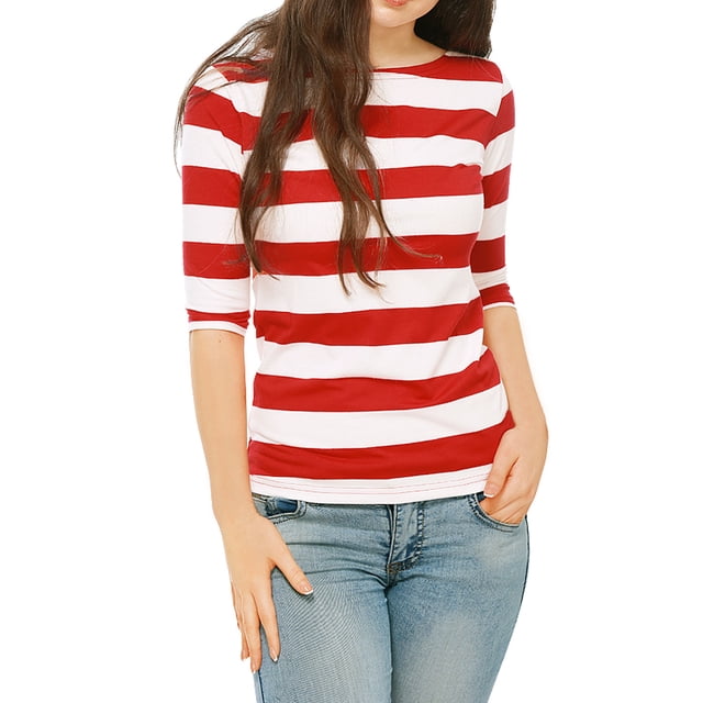 INSPIRE CHIC T-shirt à Manches au Coude d'Halloween pour Femme Haut Décontracté Basique Col Bateau Coupe Ajustée Tee Petit Rouge