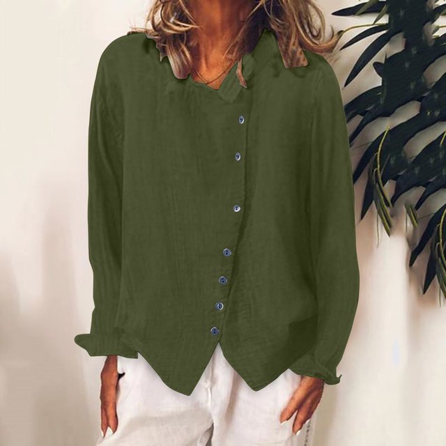 RXIRUCGD Chemise à Manches Longues en Coton et Lin pour Femme, Chemise à Col Rond Unie à la Mode, Chemise/chemise à Manches Longues à Col Rond pour Femme, Vert Armée, Taille : L