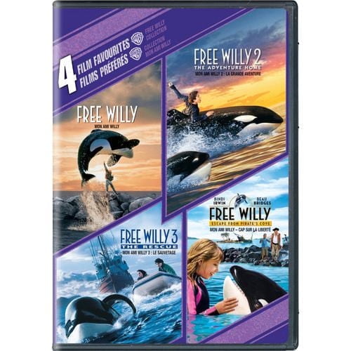 4 Film Favorites: Free Willy Collection DVD cover showing orca whales jumping and swimming in ocean scenes from Free Willy, Free Willy 2: The Adventure Home, Free Willy 3: The Rescue, and Free Willy: Escape From Pirate's Cove with sunset and daylight backgrounds.