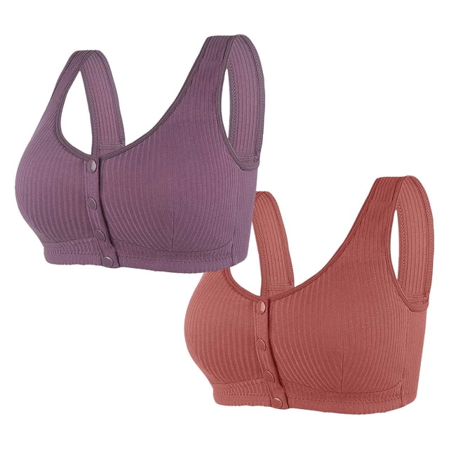 TACILIP 2 Pack Plus Size Wireless Bras Front Closure Bras for Women Front Button Push Up Bra for Old Women Soft Wirefree Seamless Bralettes with Wide Strap