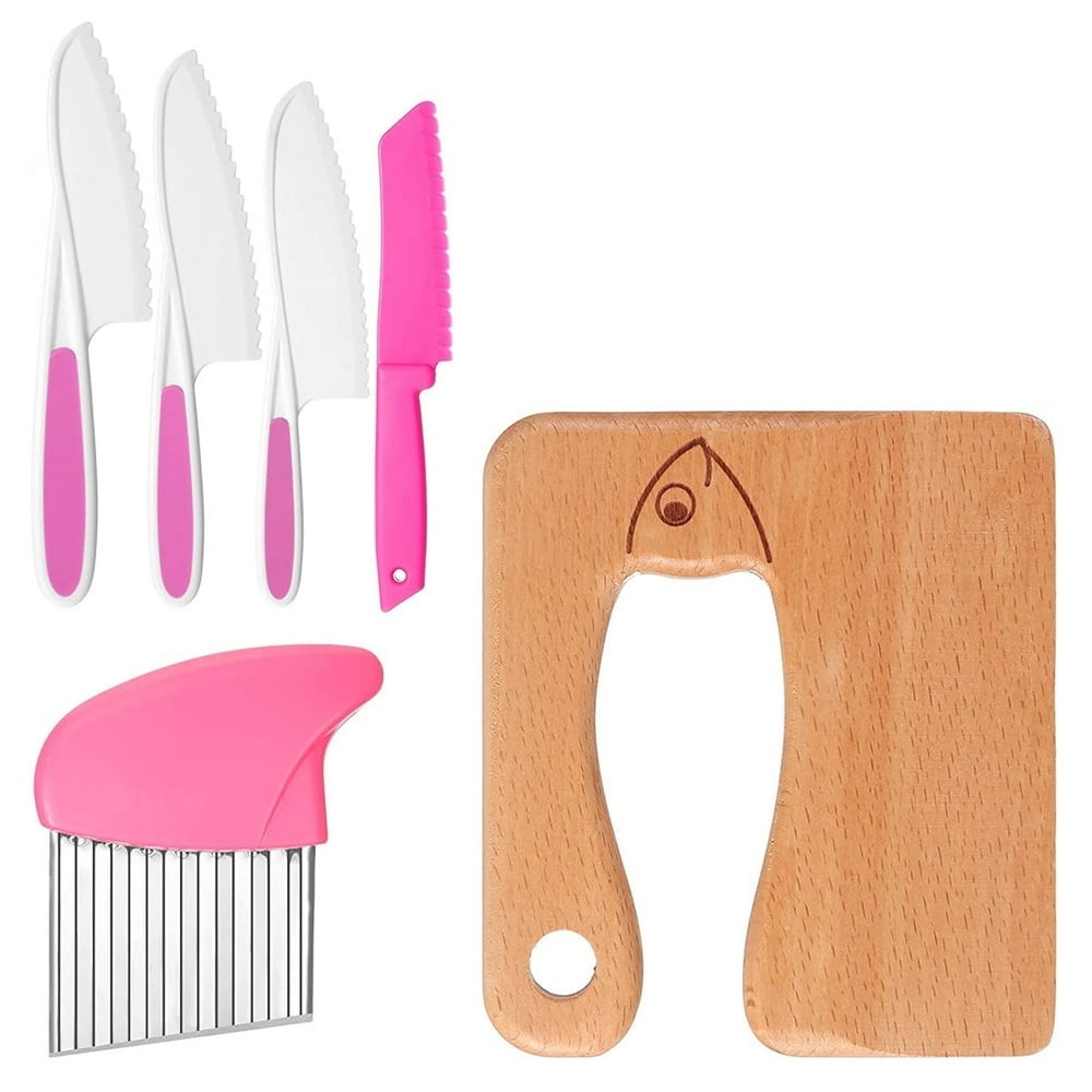 MesaSe Children Cooking Knives 6PCS Multifunctional Kids Kitchen Knife Set Safe -Edged Toddler Knife Kit with Plastic Serrated Knives Wooden Knife Potato Cutter Flat Knife for Home Kitche