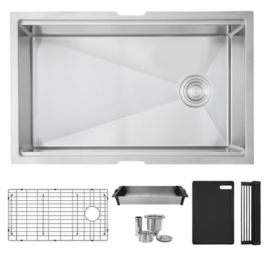Évier de Cuisine Élégant Encastré sous Plan 30 Pouces en Acier Inoxydable à Bol Simple pour Poste de Travail avec 5 Accessoires Noirs S-611WK