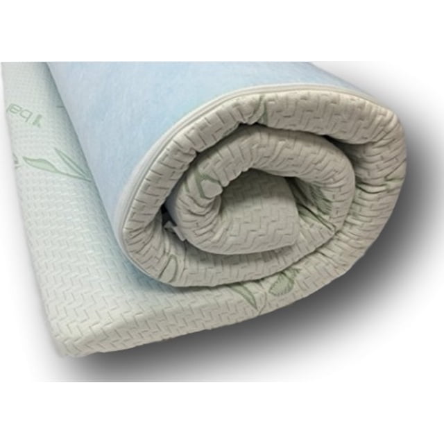 ViscoLogic Surmatelas en Mousse Mémoire Gel avec Housse Lavable en Fibre de Bambou, Surmatelas Simple de 2 Pouces. l'Image Montre un Surmatelas Enroulé avec une surface Texturée en Mousse Mémoire Gel et une Housse Ajustée en Bambou. Il Offre un Contrôle de la Température pour le Confort sous Divers Climats, Réduit les points de Pression et Améliore la Qualité du Sommeil. la Housse Amovible Est Lavable à la Machine et Garde le Surmatelas Bien en place.