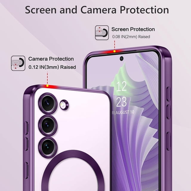 Supershield Samsung Galaxy S23 Case MagSafe Collection Hybrid Bumper Protective Phone Cover in a slim, matte purple design. The case features a transparent back with a soft TPU bumper enhanced by metallic electroplating for durability and style. It includes raised edges for screen and camera protection, precise cutouts for ports and buttons, and a built-in magnetic ring for secure MagSafe and HaloLock accessory compatibility. Designed to resist yellowing, fingerprints, and scratches, this case offers reliable protection while showcasing the phone's original colour.