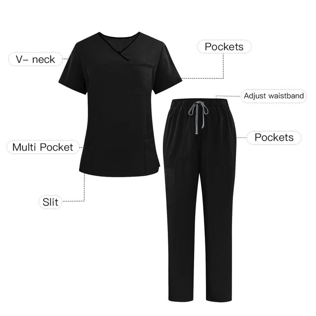 Medical Uniforms, V-Neck Pocket Duty Shirt with Elastic Drawstring Waist Pants, Healthcare Work Scrubs Set