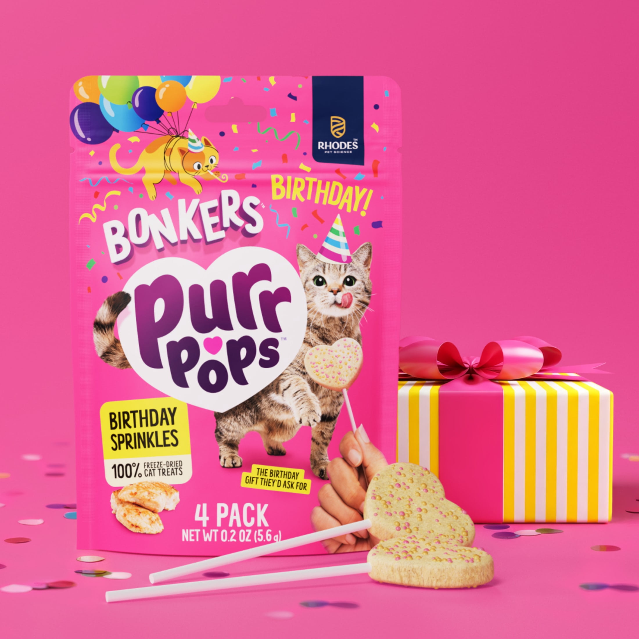 BONKERS Purrpops Suçons pour chat lyophilisés à saveur de poulet, édition Gâteau d’anniversaire, emballage de 4
