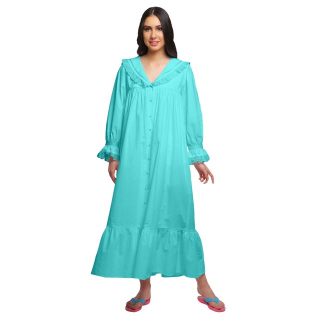 Moomaya Solid Nightdress For Ladies Cotton Ruffled Border Nursing Nightwear