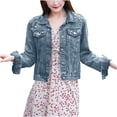 thumbnail image 2 of Veste Décontractée pour Femme, Coupe Ajustée, Perles, à Simple Boutonnage, Veste en Denim, Manteau Court, 2 of 9