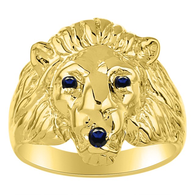 RYLOS Gold Plated Silver Lion Head Ring Color Stone Birthstones Eyes and Mouth Fun Designer Rings Sapphire Jewelry Size 13