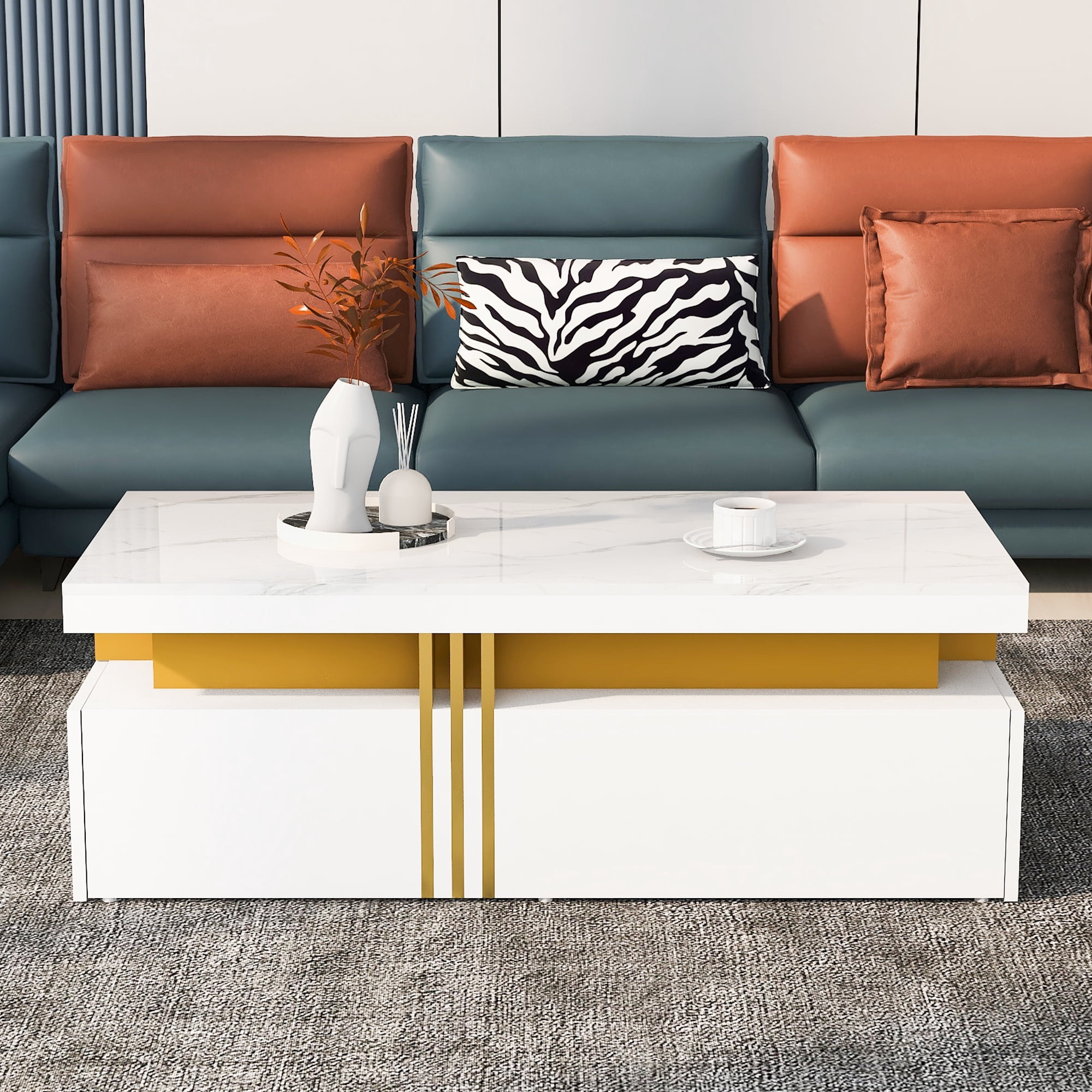 Table basse moderne Noble House, plateau laqué brillant effet marbre, blanche