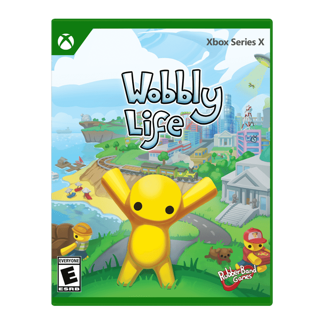 Couverture de Jeu Xbox Series X Wobbly Life Montrant un Personnage Jaune Vacillant avec des Bras Levés sur une Colline Herbeuse Surplombant un Paysage Urbain Coloré en Monde Ouvert avec des Bâtiments, un train, une Plage et d'Autres Personnages Vacillants Incluant une Figurine de Travailleur de la construction et de Livraison de pizza, dans un style de Dessin Animé Ludique par RubberBand Games.