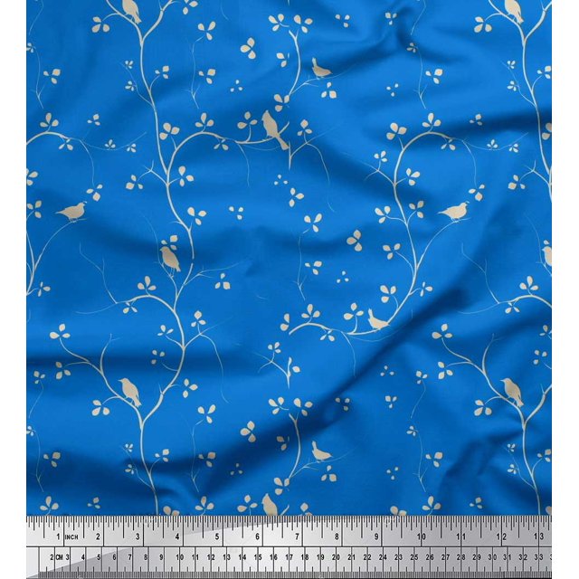 Soimoi Georgette Viscose Fabric Branches,Leaves & Bird Fabric Prints By Yard 42 Inch Wide