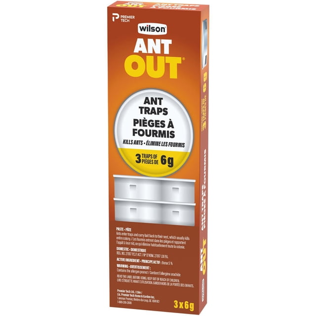 Wilson® AntOut® Pièges à Fourmis Vue avant Centrée de Trois Postes d'Appâts; Chaque Piège Contient 6 g d'Appâts Étiquetés pour Usage Intérieur/extérieur, Conçu pour Attirer les Fourmis pour Transporter l'Appât jusqu'à la Colonie; Utilisé Souvent pour Surveiller l'Activité des Fourmis Près des Fondations.