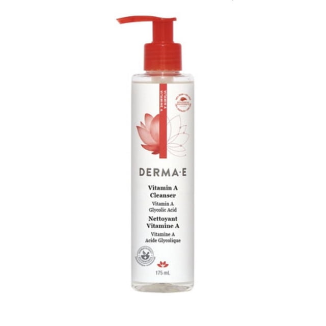 Anti-Wrinkle Retinol Face Wash in a 175 ml clear plastic pump bottle with red dispenser, featuring DERMA E branding and a red lotus graphic, formulated with Vitamin A and glycolic acid for gentle exfoliation and reducing fine lines, ideal for daily facial cleansing.