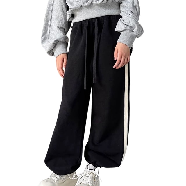 MIASHUI Boys Girls Sweatpants Drawstring Elastic Active Joggers Warm Straight Leg Trousers,Black,6-7 Years