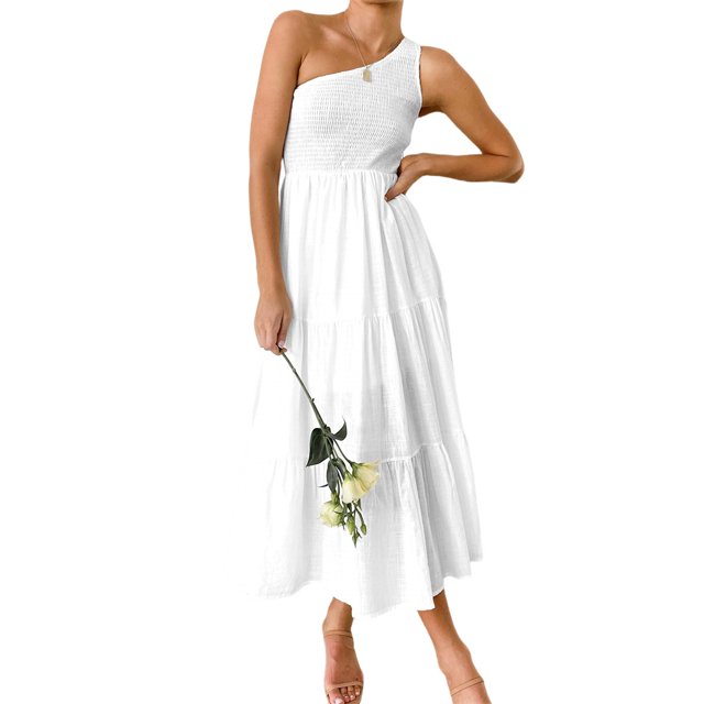 Robe Longue Femme Décontractée Plissée Midi Fête Danse Plage Vacances Bureau Ados Mode Été Blanc