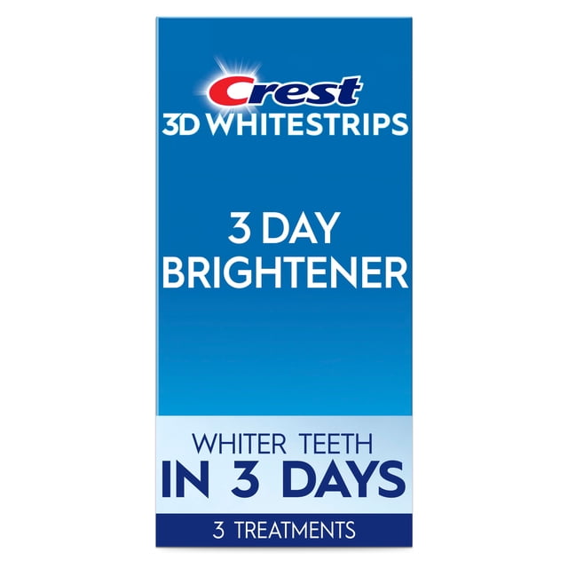 Crest 3DWhitestrips 3 Day Brightener teeth whitening kit box with blue gradient background and white text highlighting whiter teeth in 3 days and 3 treatments, featuring enamel-safe at-home whitening strips.