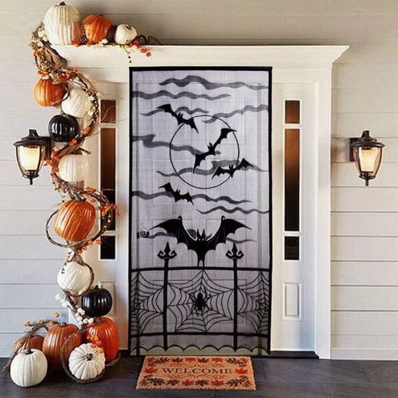 Vrorvz Décorations d'Halloween pour l'Extérieur et l'Intérieur Rideau en Dentelle Blanc au Style Drapé Élégant pour Déco Effrayante de Porte et de Fenêtre 83.9x40.2 Po Noir