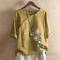 thumbnail image 1 of Chemises en Lin Grande Taille pour Femmes, Hauts d'Été Décontractés Oversize T-Shirt Graphique Pissenlit Manches Roulées Blouse Boutonnée, 1 of 4