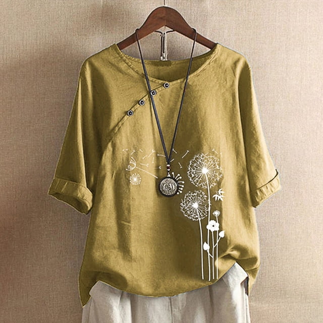 Chemises en Lin Grande Taille pour Femmes, Hauts d'Été Décontractés Oversize T-Shirt Graphique Pissenlit Manches Roulées Blouse Boutonnée