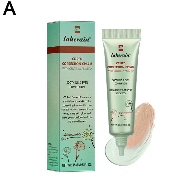 Lakerain Centella Asiatica CC Cream in a 15ml tube with green packaging, designed to modify skin tone and provide light moisturizing before makeup. The product features a soothing formula with Centella Asiatica, offering color correction and buildable coverage for a natural, even complexion. The image shows the cream tube alongside its box and a swatch of the product.