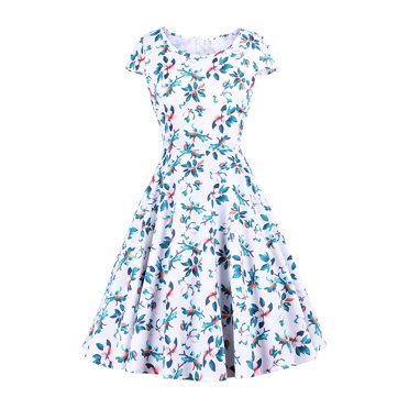 EGNMCR Robes de Soirée pour Femmes, Robes Formelles pour Femmes, Robes de Cocktail pour Femmes à Manches Courtes à Col Rond Robe d'Été pour Femmes à la Mode à Manches Courtes à Col Rond Robe Vintage à Imprimé pour Femmes