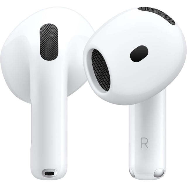 Écouteurs Sans Fil Apple AirPods 4 Remis à Neuf avec Puce H2, Audio Spatial Personnalisé, Isolation Vocale, Blanc, MPX63AM/A Ajustement Repensé; Vue Centrée vers l'Avant d'Écouteurs Style stem Blancs et Étui de Recharge Ouvert sur Arrière-Plan Neutre, Capteurs stem Visibles et DEL de charge. jusqu'à 5 Heures d'Écoute par charge et 30 Heures avec Étui. Souvent Utilisés comme Écouteurs de Voyage Compacts Adaptés aux Appels Mains Libres.