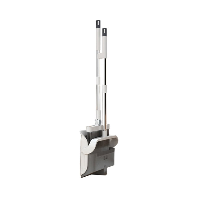 EGNMCR Kitchen Gadgets, Brooms and Dustpan Set featuring a double-layer scraper, foldable dustpan, and 180-degree rotatable broom head. The set is made of durable stainless steel and polypropylene in a grey finish. The dustpan includes built-in scraper teeth for removing hair and debris from the broom bristles. Designed for vertical storage, the set measures approximately 88 cm in height for the dustpan and 92 cm for the broom, making it ergonomic and space-saving. Ideal for cleaning under furniture and in tight corners.