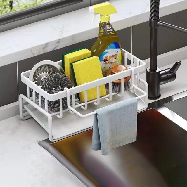 Étagère Organisatrice pour Éponge d'Évier de Cuisine / Support Compact d'Égouttage en Acier Inoxydable / Support Ventilé Résistant à la Rouille pour Comptoir de Cuisine et de Salle de Bain et Rangement de Zone de Préparation / Blanc Noir