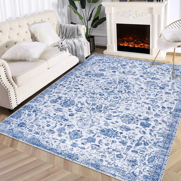 PIONEERWORKS Tapis Vintage Usé Lavable à la Machine 5'x7' pour Salon, Résistant aux Taches Antidérapant, Médaillon Floral Oriental Pliable Tapis d'Accent pour Table à Manger, Bleu