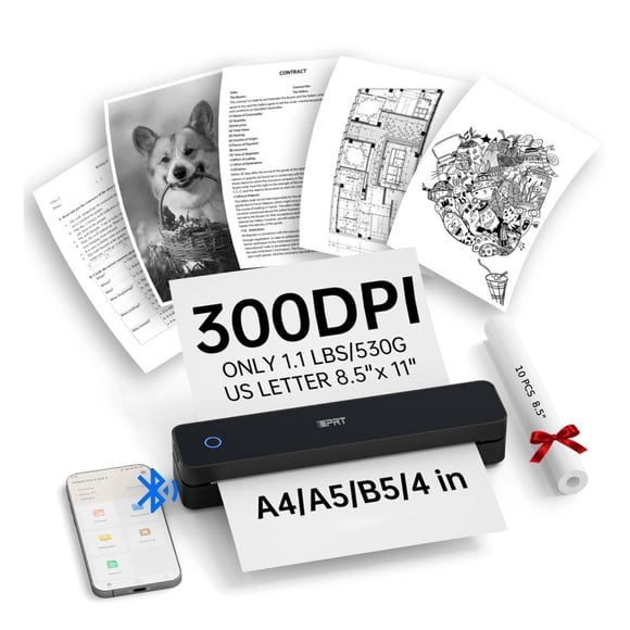 iDPRT Portable Thermal Printer, 300DPI Inkless-Bluetooth Small Mobile Printers Wireless for Travel, Office, Vehicles, Home Use, Supports 8.5" x 11" U