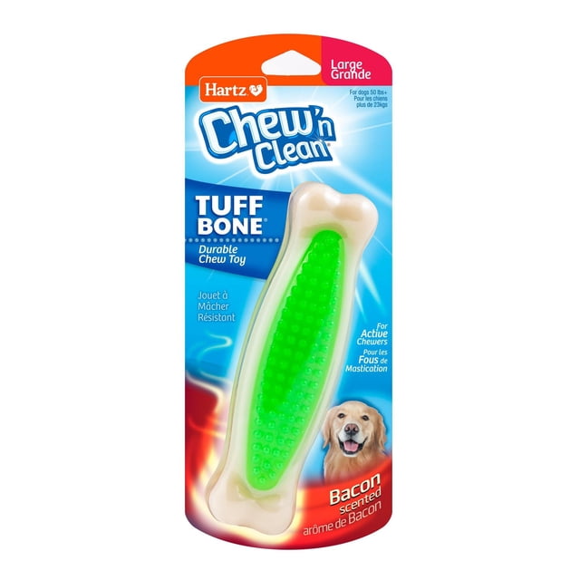 Hartz Chew 'N Clean Tuff Bone durable chew toy for large dogs 50 lbs and over, with a white bone-shaped nylon and polyurethane body featuring a textured green center, bacon scented to support active chewing and dental health.