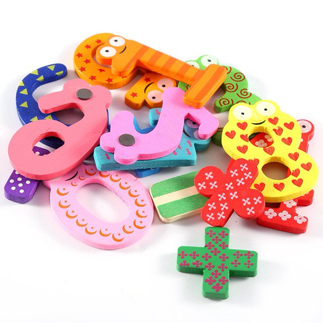 Fridge magnets set for kids, featuring 10 colorful wooden numbers and 5 mathematical symbols. Each magnet is approximately 5.5 cm tall, 3 cm wide, and 5 mm thick. Designed with bright colors and fun patterns, these magnets are ideal for teaching mathematics and arithmetic to children while also serving as decorative fridge accessories. Made from natural wood, they are safe for supervised use.