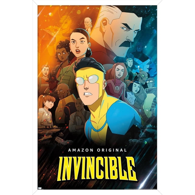 Invincible - Affiche Murale de Groupe un avec une illustration Haute Résolution de Superhéros Animés de la Série Amazon Original. Elle Montrerait un Grand Personnage Masculin avec une Moustache en Haut à Droite, une Figurine Centrale en costume Bleu et Jaune au Premier Plan, et Divers Autres Héros en costumes Détaillés derrière, sur un Fond orange et Bleu Séparé. le Titre Jaune Audacieux « Invincible » Est Affiché en Bas avec « Amazon Original » au-Dessus, Idéal pour une Déco Murale Vibrante dans les Chambres, Bureaux Ou D