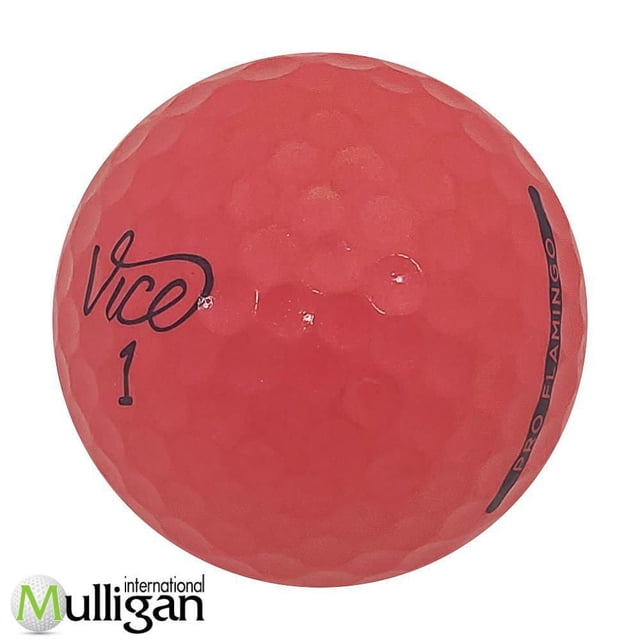 Mulligan - 60 Vice pro mix Pink 4A Recycled Used Golf Balls showing a close-up of a single pink golf ball with dimpled surface, black 'Vice' logo, number 1, and 'Pro Flamingo' text on a white background, designed for soft feel, excellent tee-to-green distance, and near-green control while supporting eco-friendly reuse.