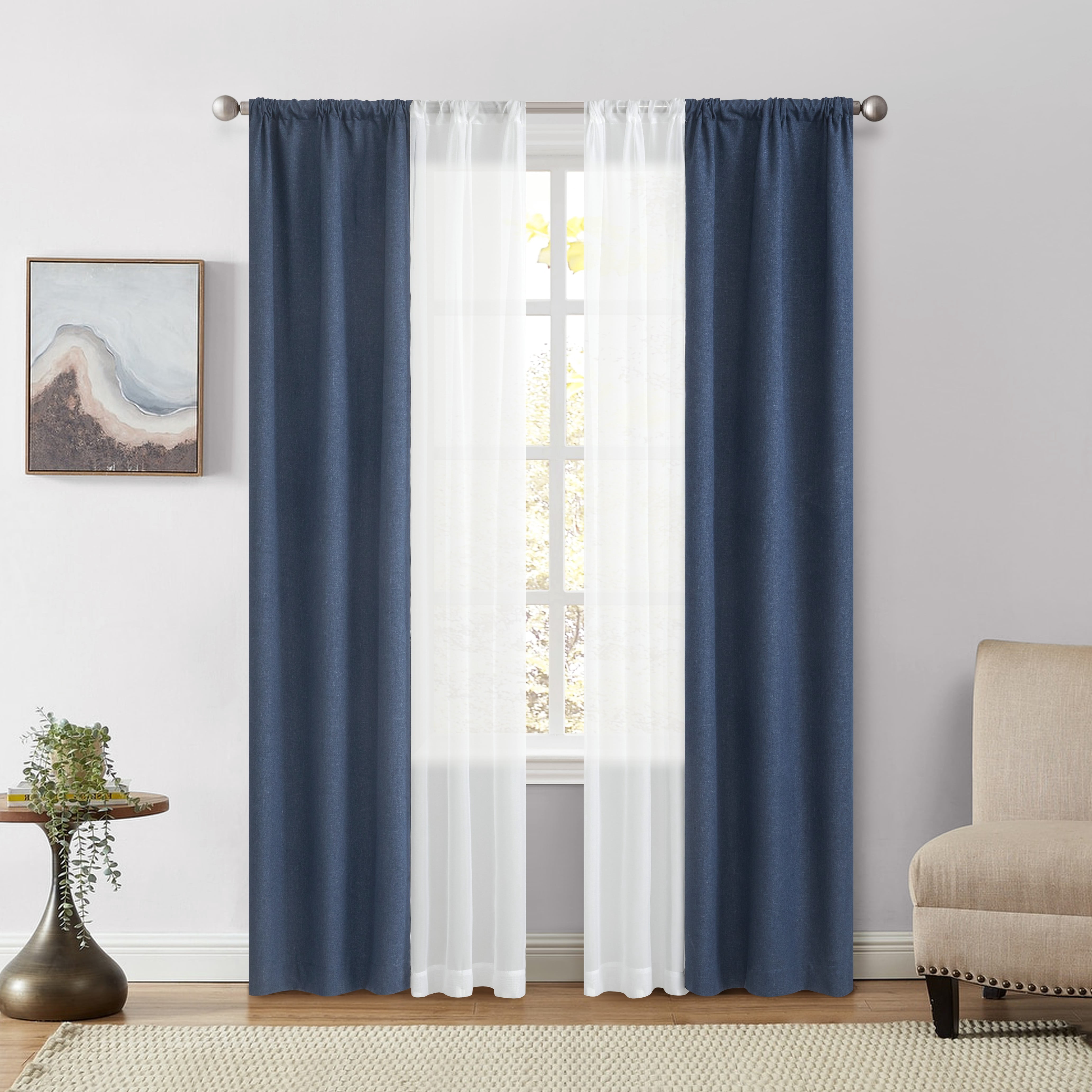 Mainstays Solid Twill Blackout Curtain Panel and Sheers, Set of 4, Blue Cove, 27.5" W x 84" L